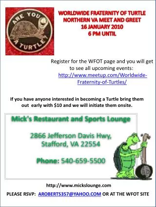 Mick's Restaurant and Sports Lounge 2866 Jefferson Davis Hwy, Stafford, VA 22554 Phone: 540-659-5500