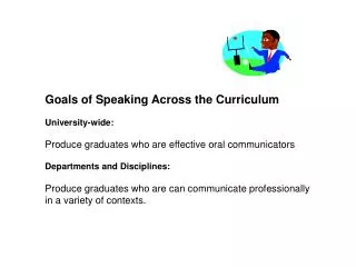 Goals of Speaking Across the Curriculum University-wide: Produce graduates who are effective oral communicators Departme