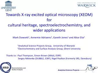 Towards X-ray excited optical microscopy (XEOM) for cultural heritage, spectroelectrochemistry, and wider applications