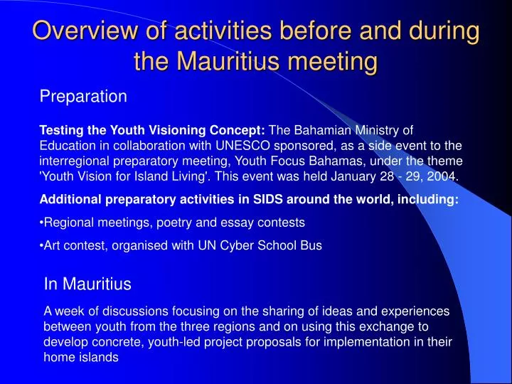 overview of activities before and during the mauritius meeting