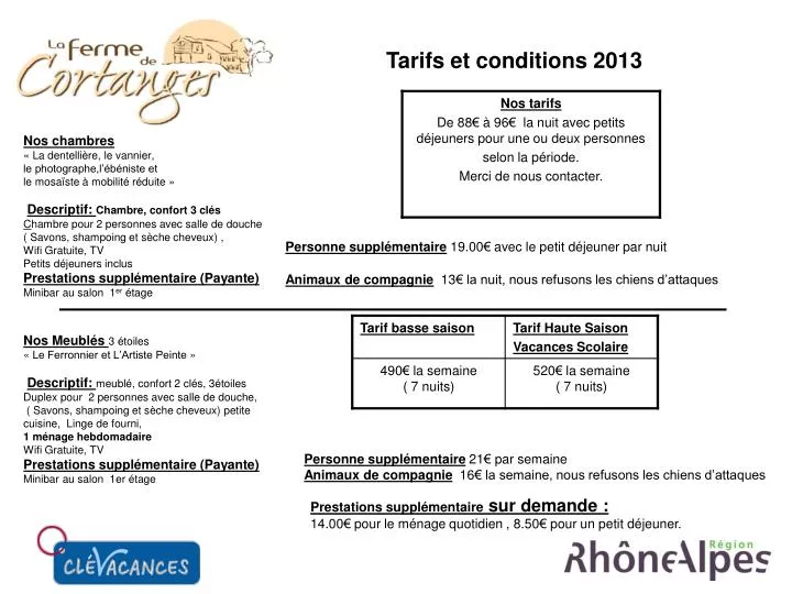 tarifs et conditions 2013