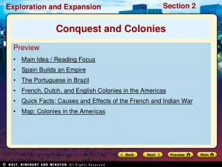 Preview Main Idea / Reading Focus Spain Builds an Empire The Portuguese in Brazil French, Dutch, and English Colonies in