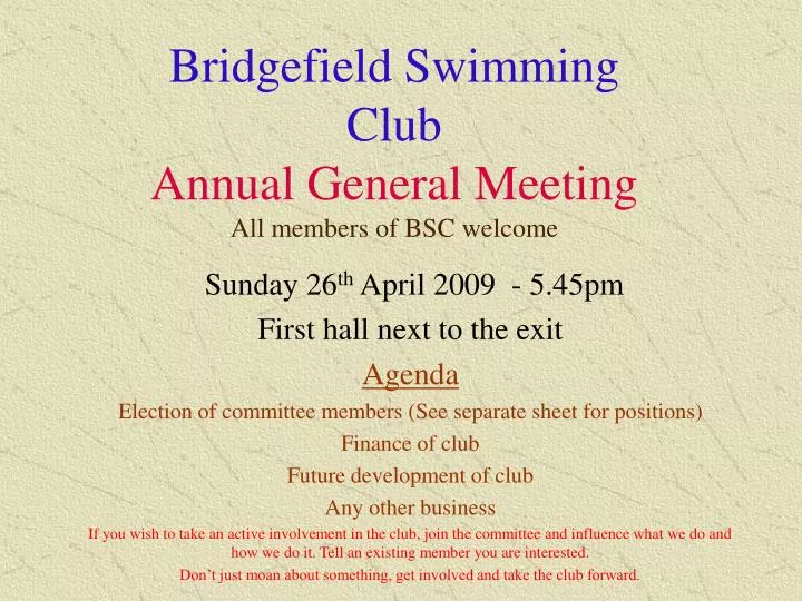 bridgefield swimming club annual general meeting all members of bsc welcome