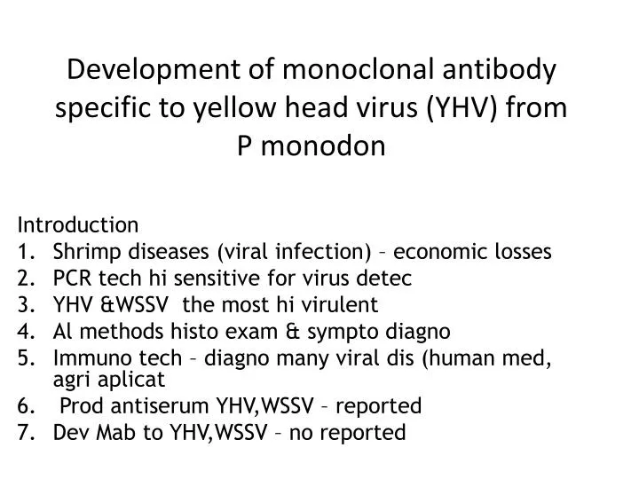 development of monoclonal antibody specific to yellow head virus yhv from p monodon