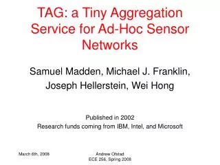 TAG: a Tiny Aggregation Service for Ad-Hoc Sensor Networks