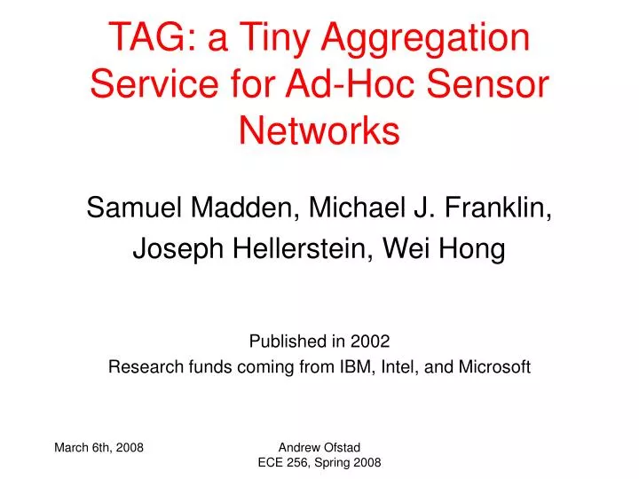 tag a tiny aggregation service for ad hoc sensor networks