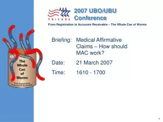 Briefing:	Medical Affirmative Claims – How should MAC work? Date:	21 March 2007 Time:	1610 - 1700