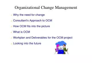 Why the need for change Consultant’s Approach to OCM How OCM fits into the picture What is OCM Workplan and Deliverables