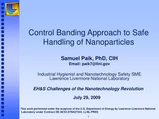 Control Banding Approach to Safe Handling of Nanoparticles