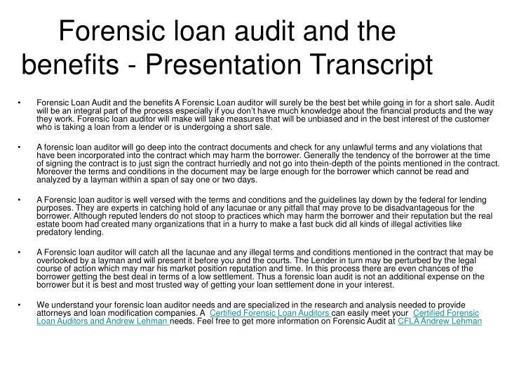 forensic loan audit and the benefits presentation transcript