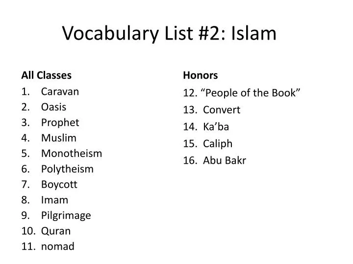 vocabulary list 2 islam