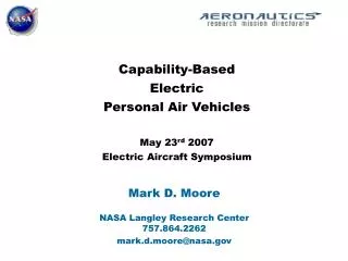 Capability-Based Electric Personal Air Vehicles May 23 rd 2007 Electric Aircraft Symposium