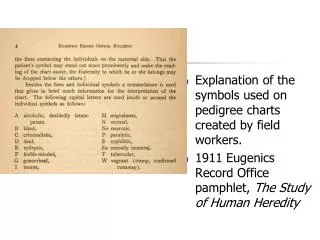 Explanation of the symbols used on pedigree charts created by field workers. 1911 Eugenics Record Office pamphlet, The
