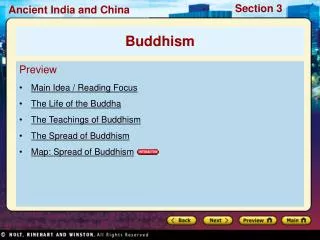 Preview Main Idea / Reading Focus The Life of the Buddha The Teachings of Buddhism The Spread of Buddhism Map: Spread of