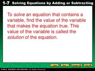 Determine which value of x is a solution of the equation. x + 8 = 15; x = 5, 7, or 23