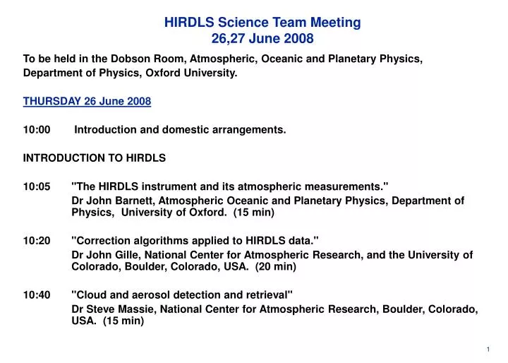 hirdls science team meeting 26 27 june 2008
