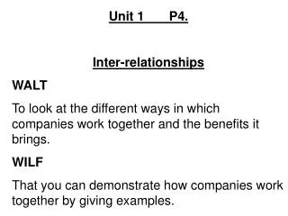 Unit 1 P4. Inter-relationships WALT To look at the different ways in which companies work together and the benefit