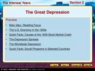 Preview Main Idea / Reading Focus The U.S. Economy in the 1920s Quick Facts: Causes of the 1929 Stock Market Crash The D