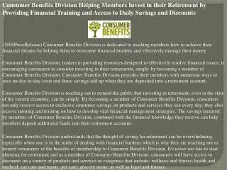 consumer benefits division helping members invest in their r