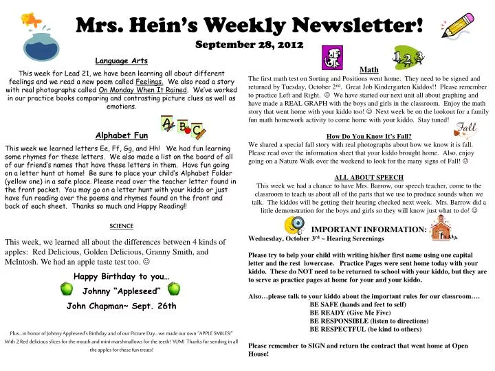 mrs hein s weekly newsletter september 28 2012