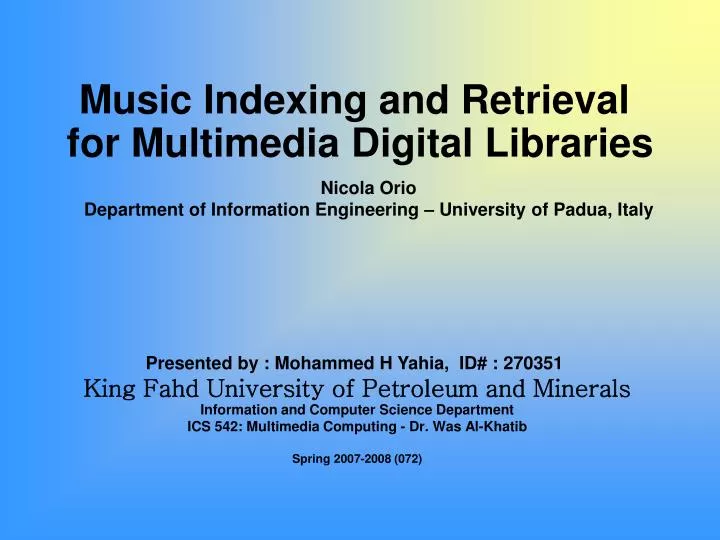 music indexing and retrieval for multimedia digital libraries