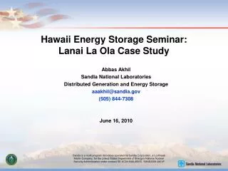 Hawaii Energy Storage Seminar: Lanai La Ola Case Study