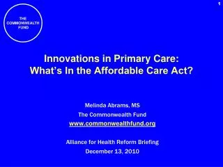 Innovations in Primary Care: What’s In the Affordable Care Act?