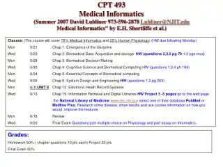 CPT 493 Medical Informatics (Summer 2007 David Lubliner 973-596-2878 Lubliner@NJIT.edu Medical Informatics&quot; by E.H