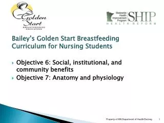 Bailey’s Golden Start Breastfeeding Curriculum for Nursing Students Objective 6: Social , institutional, and community
