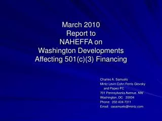 March 2010 Report to NAHEFFA on Washington Developments Affecting 501(c)(3) Financing