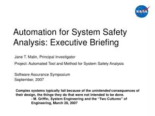Automation for System Safety Analysis: Executive Briefing