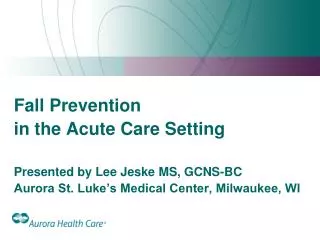 Fall Prevention in the Acute Care Setting Presented by Lee Jeske MS, GCNS-BC Aurora St. Luke’s Medical Center, Milwauke