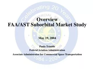 Overview FAA/AST Suborbital Market Study May 19, 2004 Paula Trimble Federal Aviation Administration