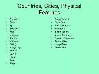 Countries, Cities, Physical Features
