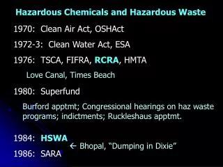 1970: Clean Air Act, OSHAct 1972-3: Clean Water Act, ESA 1976: TSCA, FIFRA, RCRA , HMTA 1980: Superfund 1984: HSW