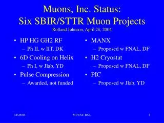 Muons, Inc. Status: Six SBIR/STTR Muon Projects Rolland Johnson, April 28, 2004