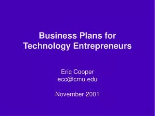 Business Plans for Technology Entrepreneurs