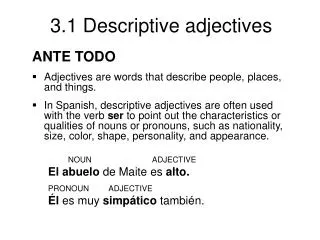 ANTE TODO Adjectives are words that describe people, places, and things.