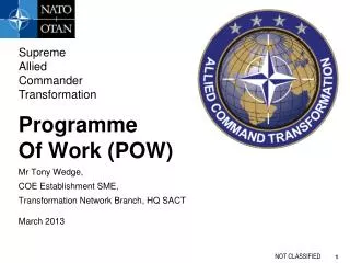Programme Of Work (POW) Mr Tony Wedge, COE Establishment SME, Transformation Network Branch , HQ SACT March 2013