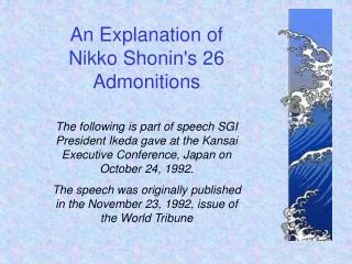 The following is part of speech SGI President Ikeda gave at the Kansai Executive Conference, Japan on October 24, 1992.