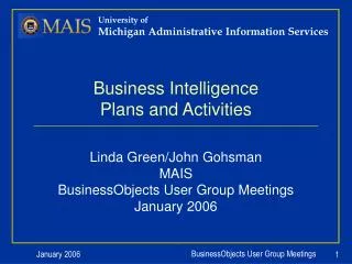 Business Intelligence Plans and Activities