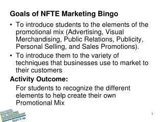 Goals of NFTE Marketing Bingo