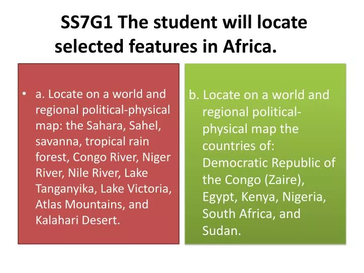 ss7g1 the student will locate selected features in africa
