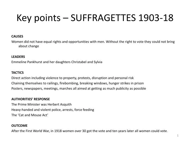 key points suffragettes 1903 18