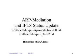 ARP-Mediation and IPLS Status Update draft-ietf-l2vpn-arp-mediation-00.txt draft-ietf-l2vpn-ipls-02.txt