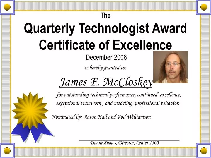 the quarterly technologist award certificate of excellence december 2006