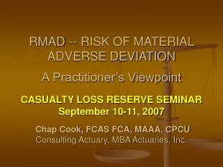 RMAD -- RISK OF MATERIAL ADVERSE DEVIATION A Practitioner’s Viewpoint