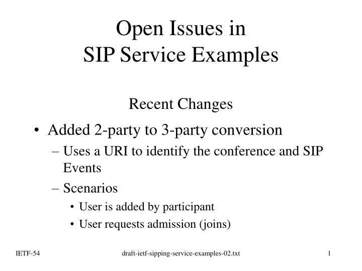 open issues in sip service examples recent changes