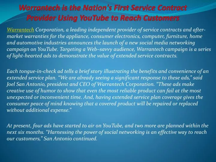 warrantech is the nation s first service contract provider using youtube to reach customers
