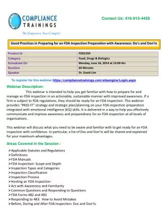 Webinar On Good Practices in Preparing for an FDA Inspection